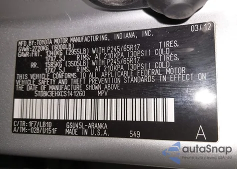 2012 Toyota Highlander Se V6 из США, поврежденный, VIN 5TDBK3EHXCS141260